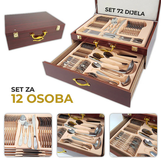 72 komada pribora za jelo za 12 osoba u drvenoj kutiji